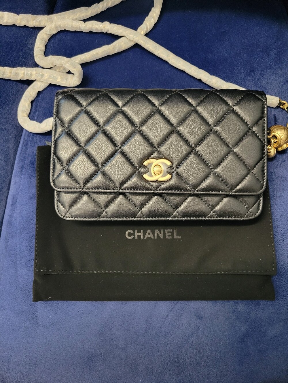 Black Quilted Leather Wallet-on-Chain with Gold Hardware
